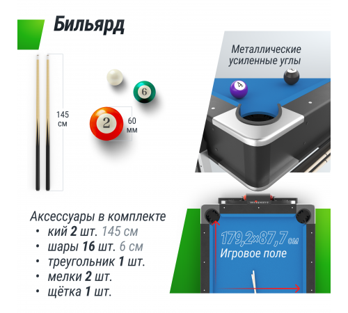 Игровой стол UNIX Line Трансформер 4 в 1 (204х112 cм) Black